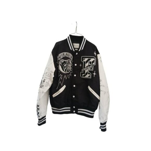 First Row Bulldog Varsity Jacket Men's L Graphic Patch Retro Streetwear Bomber - Picture 1 of 13